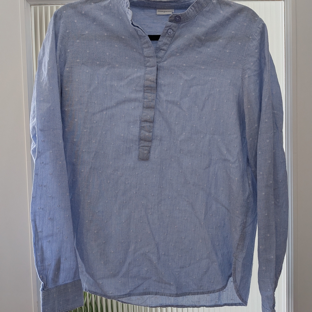 Women's Light Blue Long-Sleeve Dot-Texture Popover Blouse